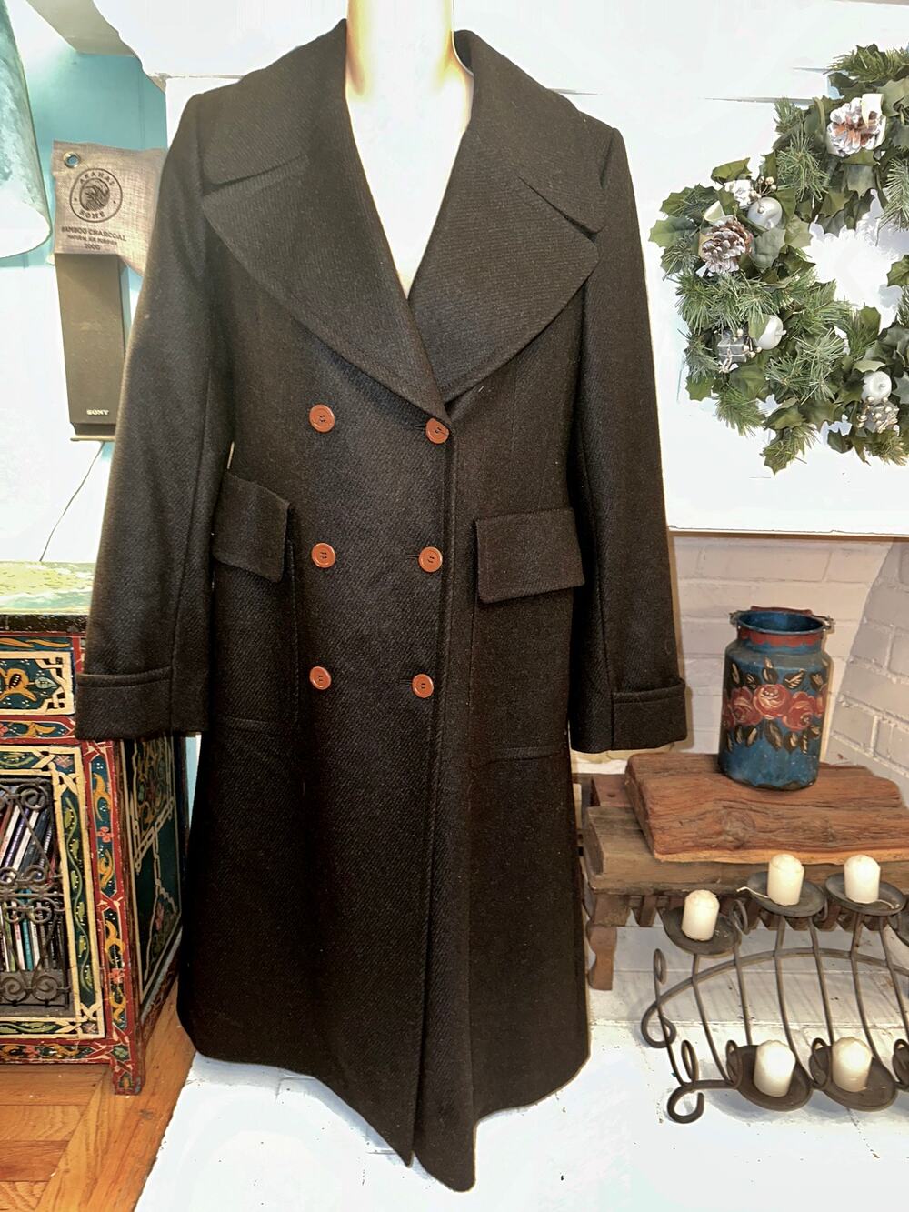 GIANFRANCO FERRE VINTAGE 80's 90's BLACK WOOL DOUBLE BREASTED COAT 42